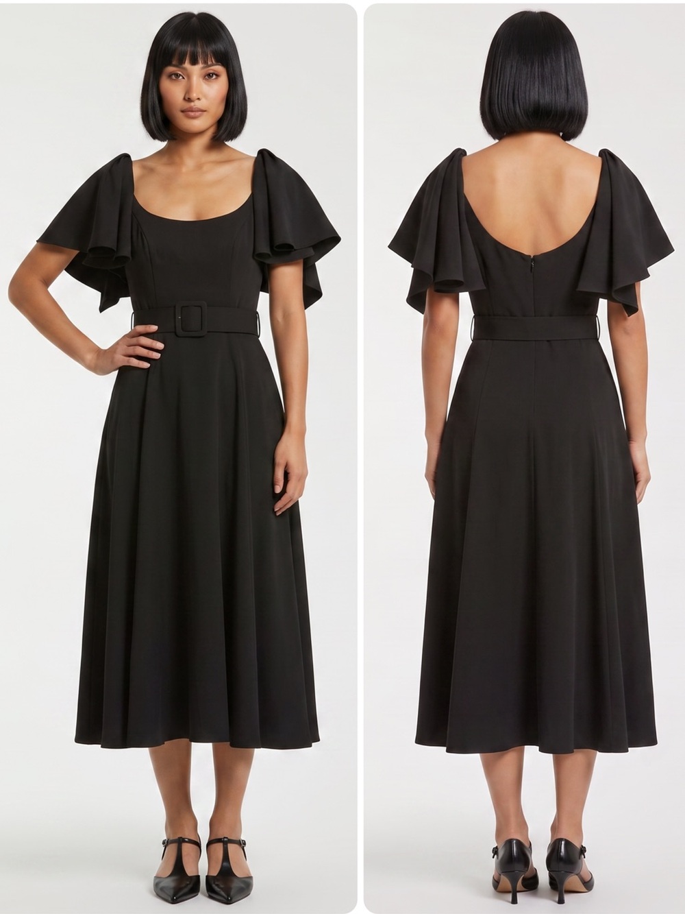Mac Duggal Scoop Neck Flutter Sleeves Belted Waist Midi Dress 20977 NWT $398
